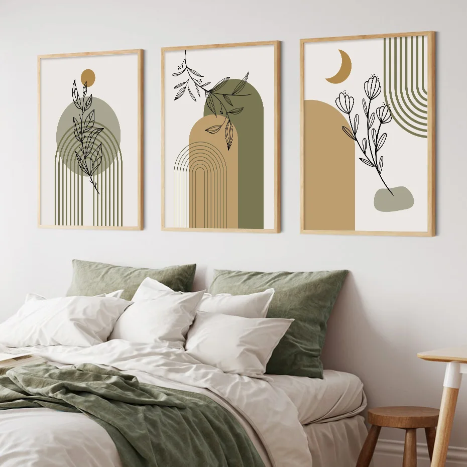 Абстрактные Геометрические плакаты с линиями зеленых листьев в стиле Бохо, Настенное искусство, холст, живопись, принты, картины, Современный декор интерьера гостиной . ' - ' . 2