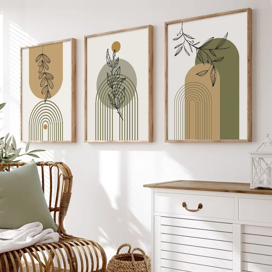 Абстрактные Геометрические плакаты с линиями зеленых листьев в стиле Бохо, Настенное искусство, холст, живопись, принты, картины, Современный декор интерьера гостиной . ' - ' . 3