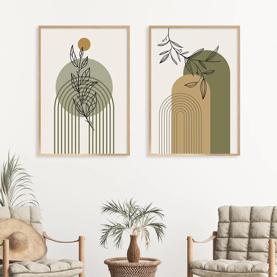 Абстрактные Геометрические плакаты с линиями зеленых листьев в стиле Бохо, Настенное искусство, холст, живопись, принты, картины, Современный декор интерьера гостиной . ' - ' . 4