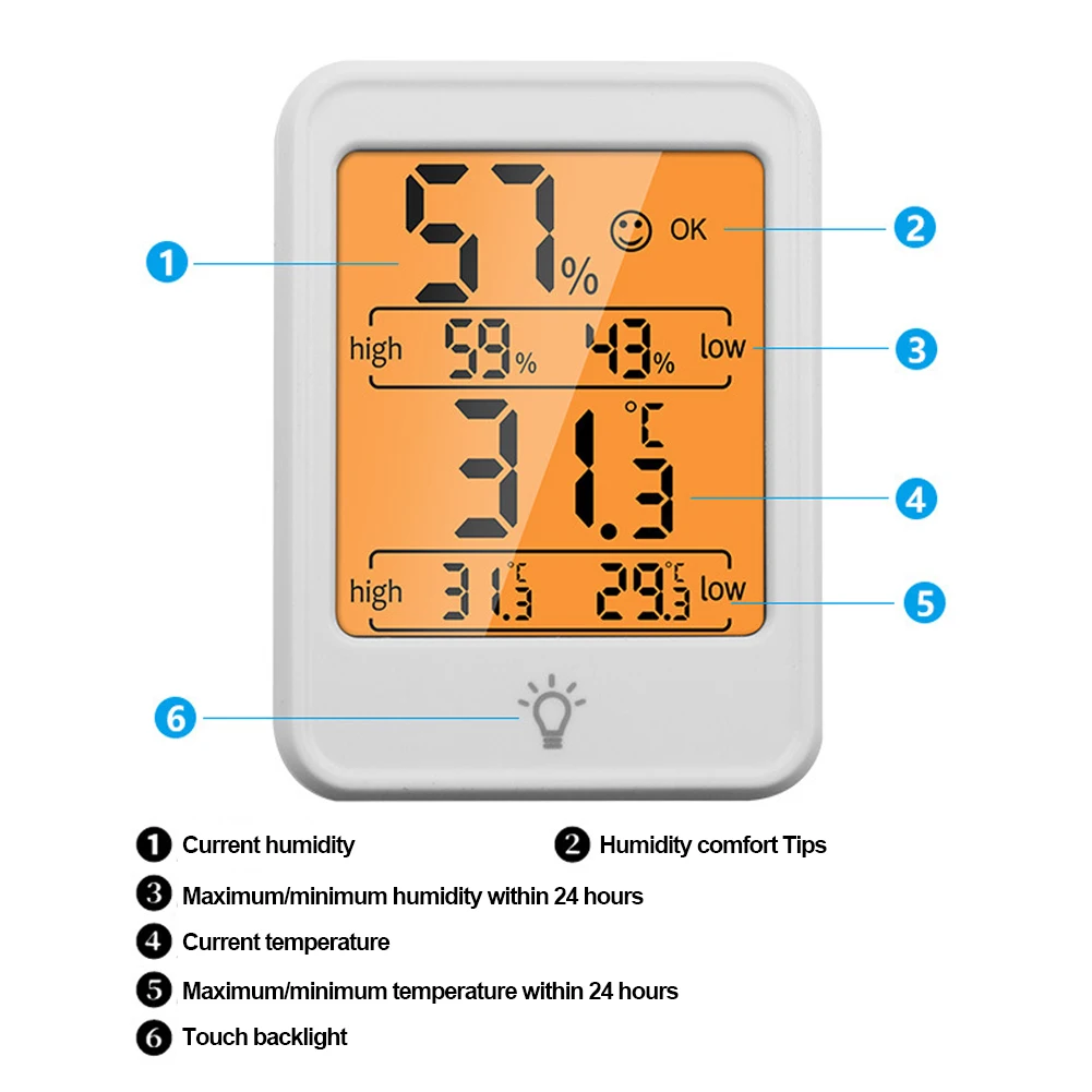 Большой ЖК-цифровой Термометр-гигрометр с подсветкой, измеритель влажности в помещении, датчик метеостанции . ' - ' . 5