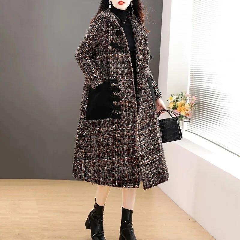 Весной и осенью 2023 года Новое модное шерстяное пальто в стиле ретро в клетку Выше колена, шерстяное пальто в клетку. . ' - ' . 0