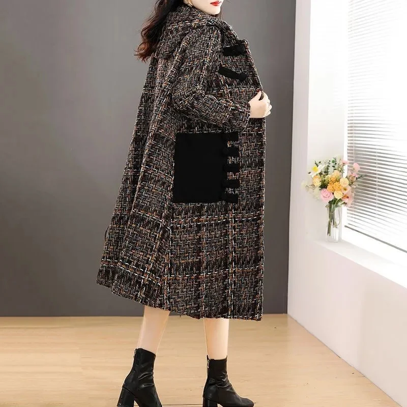 Весной и осенью 2023 года Новое модное шерстяное пальто в стиле ретро в клетку Выше колена, шерстяное пальто в клетку. . ' - ' . 3