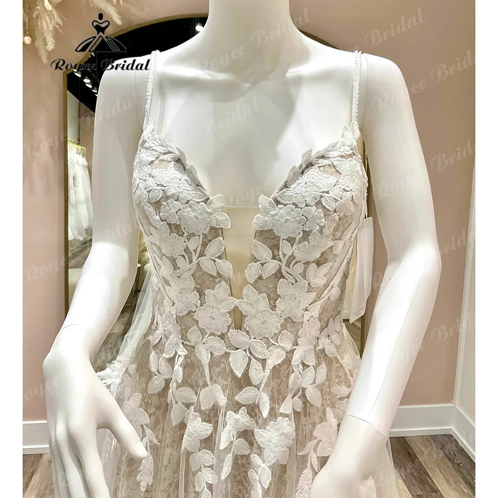 Винтажное женское свадебное платье в стиле Бохо с глубоким кружевом и цветами цвета шампанского, открытой спиной, 2023, свадебные платья на тонких бретельках, abito da sposa Sexy . ' - ' . 2