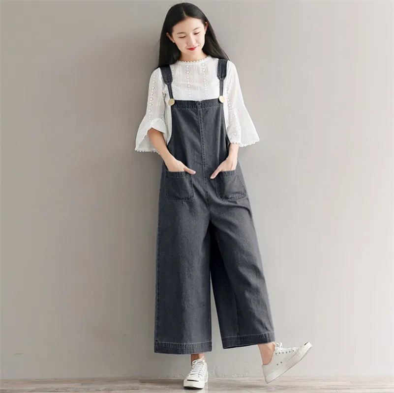 Джинсовые комбинезоны Женские Летние в корейском стиле, Свободные широкие комбинезоны, винтажные женские синие мешковатые брюки . ' - ' . 0