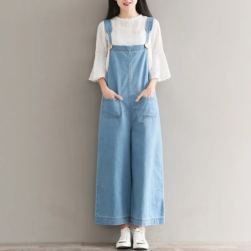 Джинсовые комбинезоны Женские Летние в корейском стиле, Свободные широкие комбинезоны, винтажные женские синие мешковатые брюки . ' - ' . 3