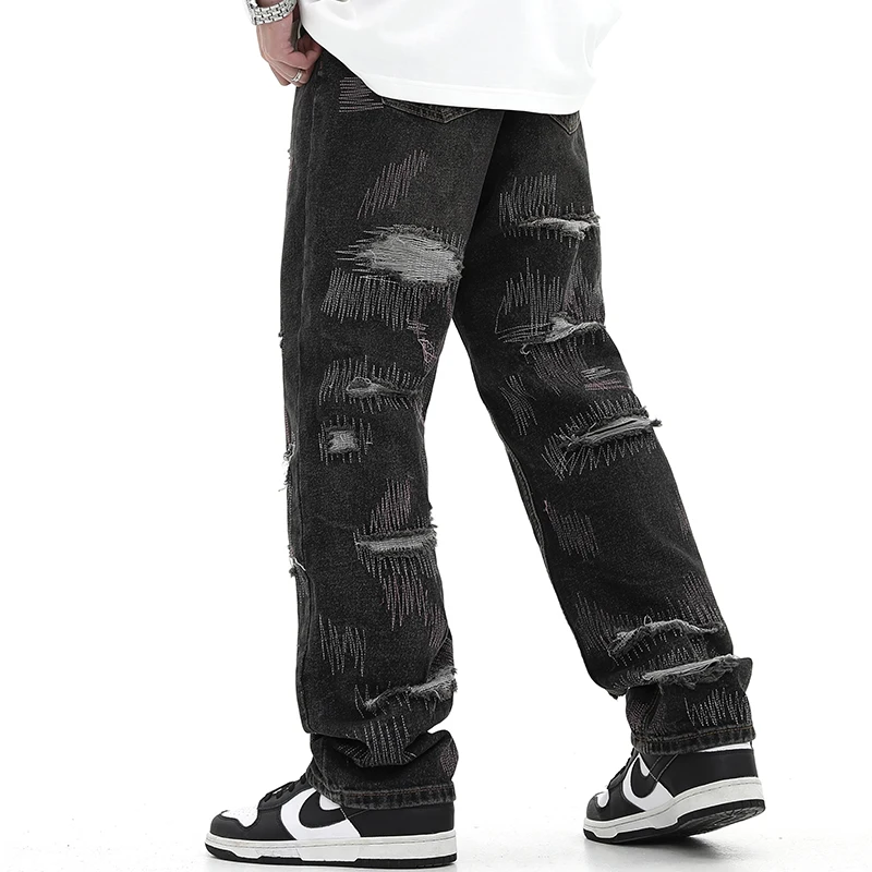 Джинсы в стиле Харадзюку с потрескавшимися отверстиями, Рваные Джинсы в стиле пэчворк, Мужские Черные прямые Свободные брюки Унисекс, джинсовые брюки Оверсайз . ' - ' . 1