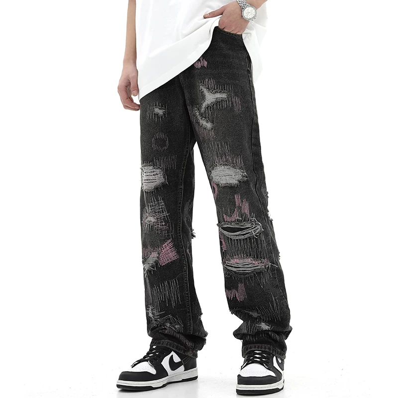Джинсы в стиле Харадзюку с потрескавшимися отверстиями, Рваные Джинсы в стиле пэчворк, Мужские Черные прямые Свободные брюки Унисекс, джинсовые брюки Оверсайз . ' - ' . 3