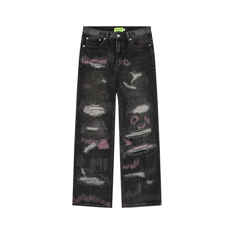 Джинсы в стиле Харадзюку с потрескавшимися отверстиями, Рваные Джинсы в стиле пэчворк, Мужские Черные прямые Свободные брюки Унисекс, джинсовые брюки Оверсайз . ' - ' . 4