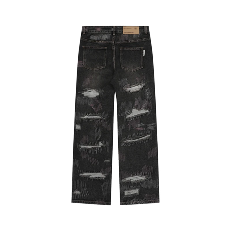 Джинсы в стиле Харадзюку с потрескавшимися отверстиями, Рваные Джинсы в стиле пэчворк, Мужские Черные прямые Свободные брюки Унисекс, джинсовые брюки Оверсайз . ' - ' . 5