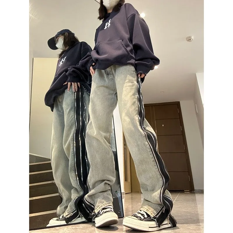 Женские мешковатые джинсы Harajuku с высокой талией, винтажная уличная одежда Y2k, широкие брюки, модные джинсовые брюки контрастного цвета . ' - ' . 1