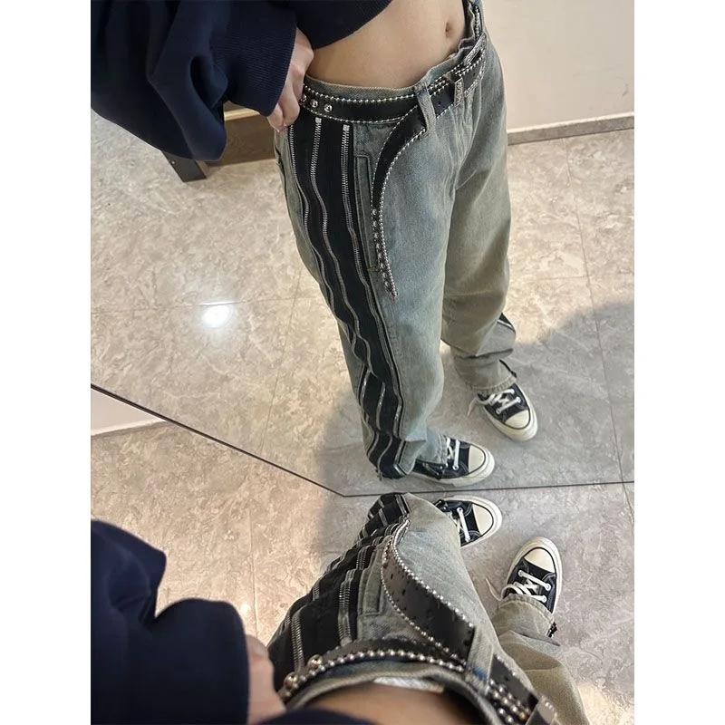 Женские мешковатые джинсы Harajuku с высокой талией, винтажная уличная одежда Y2k, широкие брюки, модные джинсовые брюки контрастного цвета . ' - ' . 4