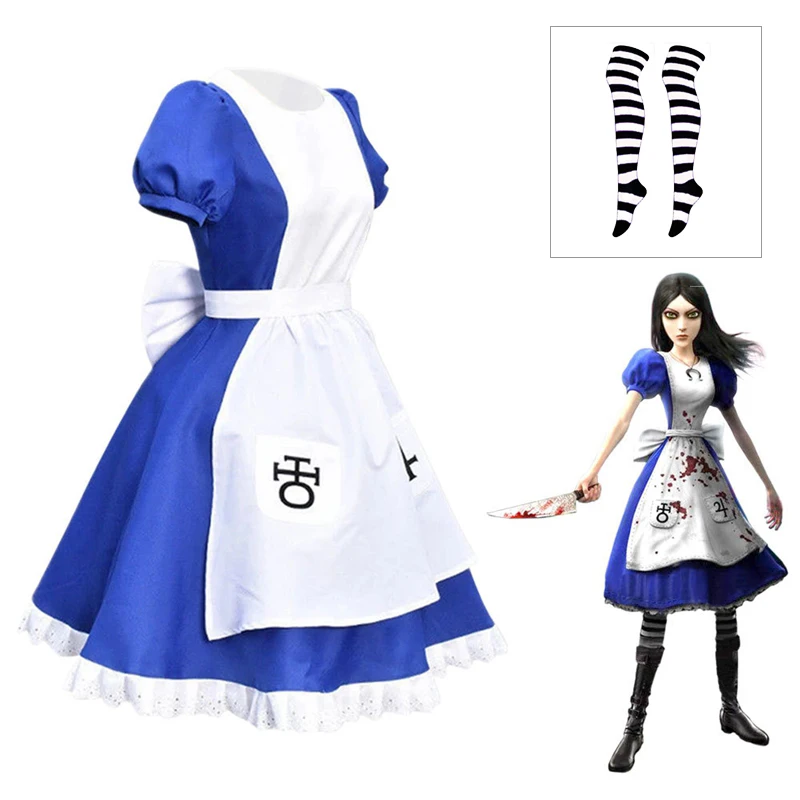 Игра Alice Madness Returns Косплей костюм на Хэллоуин, платья горничной, платье-фартук и носки для женщин, карнавальное платье для девочек из аниме . ' - ' . 0
