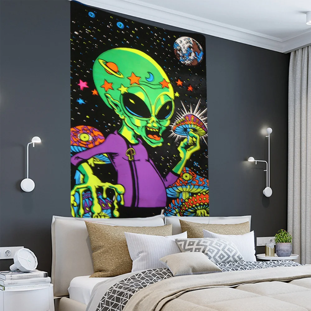 Инопланетный Черный гобелен, Мультяшная иллюстрация, искусство хиппи, Грибной глаз, Настенные Гобелены для гостиной, домашний декор в общежитии, ткань . ' - ' . 2