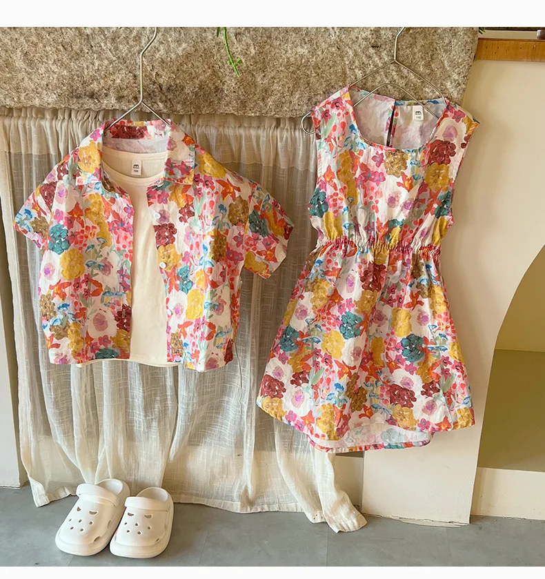 Корейская детская одежда 2023, Летние рубашки с цветочным рисунком для мальчиков, Шорты, костюм-двойка, платья с цветочным рисунком для девочек, Комплекты детской праздничной одежды . ' - ' . 5