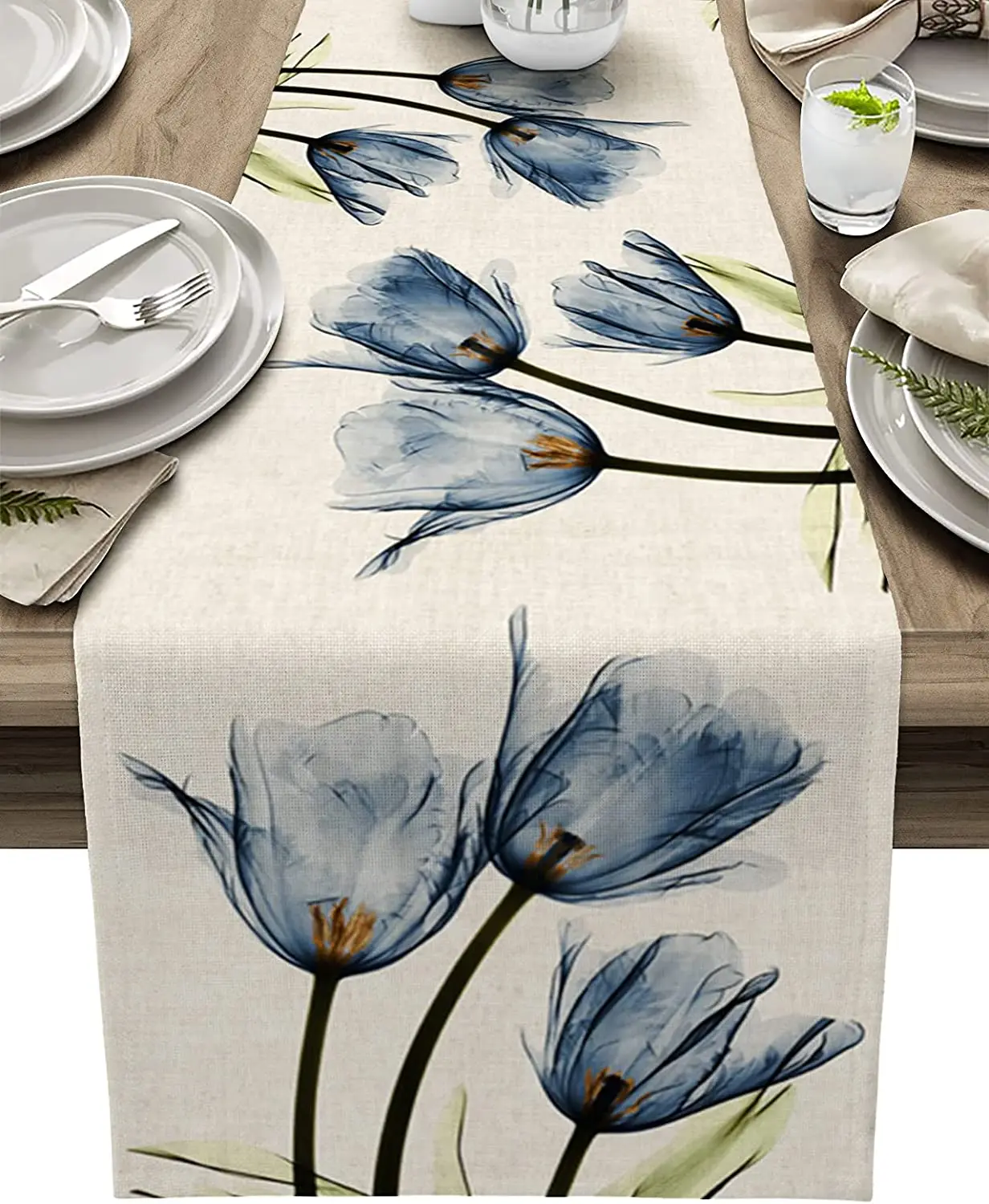 Льняная настольная дорожка с цветком синего тюльпана, свадебное украшение, настольная дорожка против пятен для обеденного стола, декор для праздничной вечеринки . ' - ' . 0