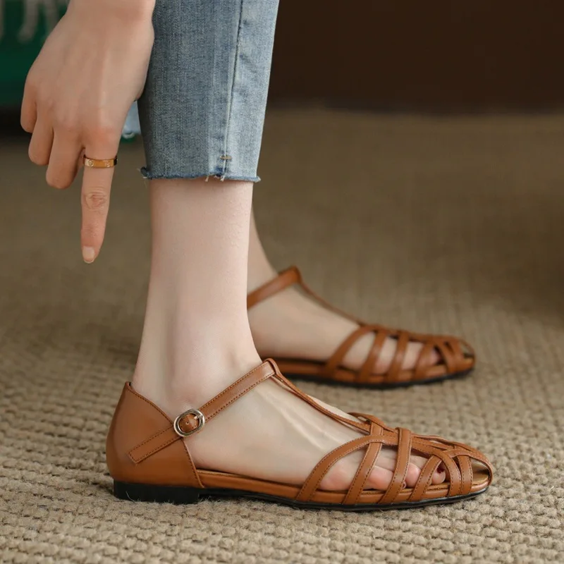 Модные женские сандалии 2023, летние винтажные плетеные сандалии с ремешком и пряжкой в одно слово, Римские туфли на плоской подошве с низким каблуком . ' - ' . 0