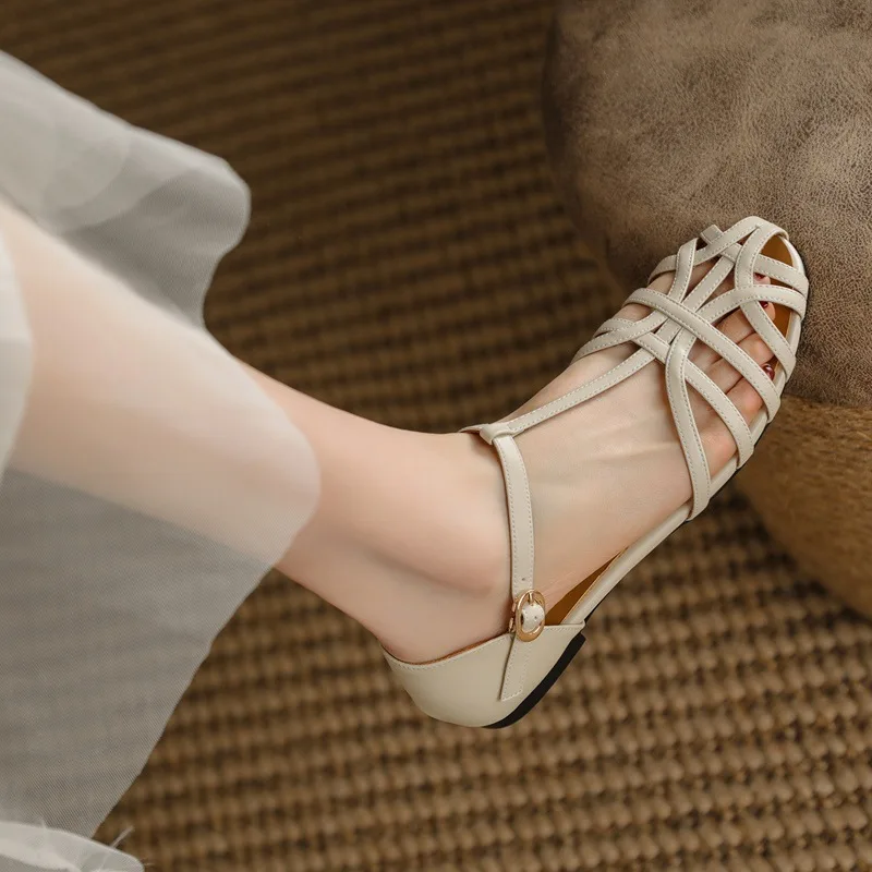 Модные женские сандалии 2023, летние винтажные плетеные сандалии с ремешком и пряжкой в одно слово, Римские туфли на плоской подошве с низким каблуком . ' - ' . 1