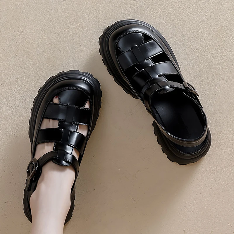 Модные сандалии на платформе, женские летние 2023, тканые пляжные туфли с круглым носком и ремешком с пряжкой, женские повседневные сандалии в стиле ретро . ' - ' . 1