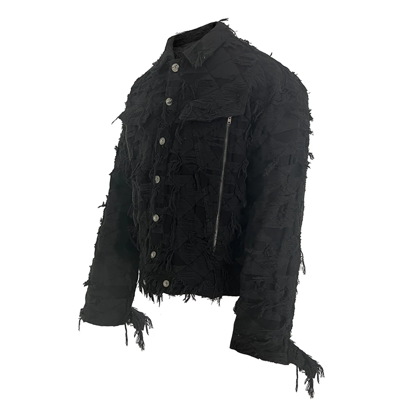 Мужская куртка с кисточками и ромбовидным узором, Потрепанная куртка на молнии, Уличная одежда в стиле хип-хоп, пальто с кисточками и эрозией для мужчин . ' - ' . 2