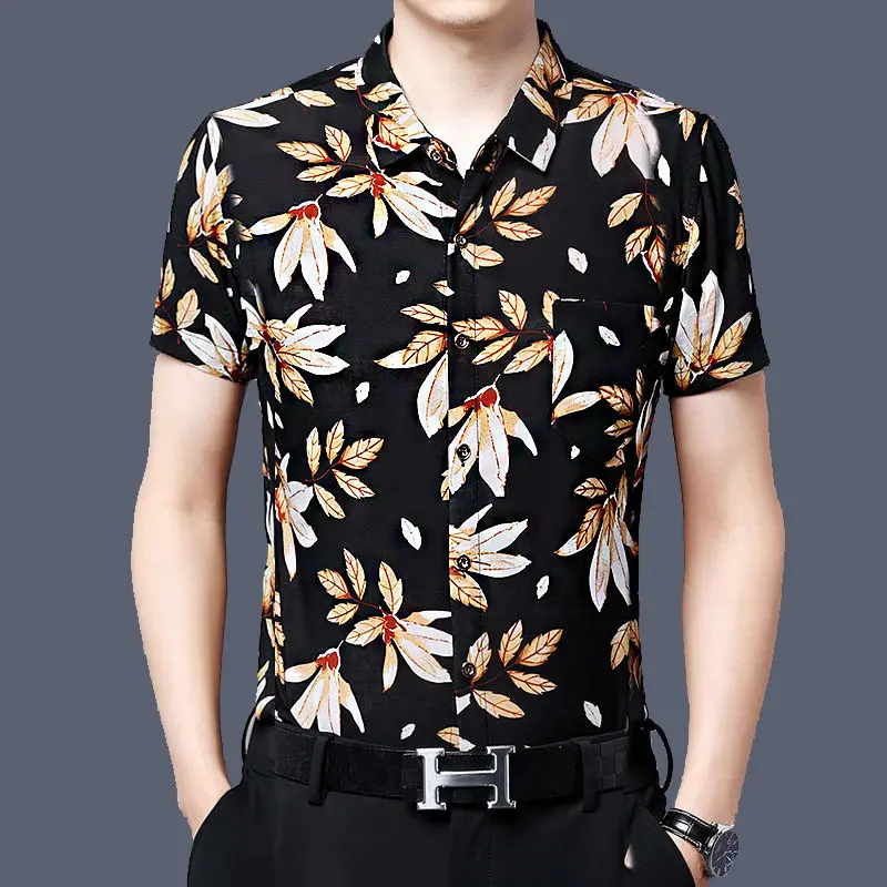 Мужская одежда, Летняя повседневная рубашка-поло с принтом с коротким рукавом, Винтажный тренд, мужская однобортная рубашка с карманами 2023 года, мужские однобортные рубашки . ' - ' . 1