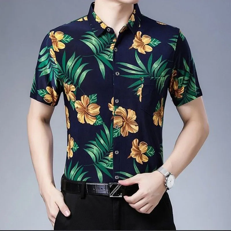 Мужская одежда, Летняя повседневная рубашка-поло с принтом с коротким рукавом, Винтажный тренд, мужская однобортная рубашка с карманами 2023 года, мужские однобортные рубашки . ' - ' . 3