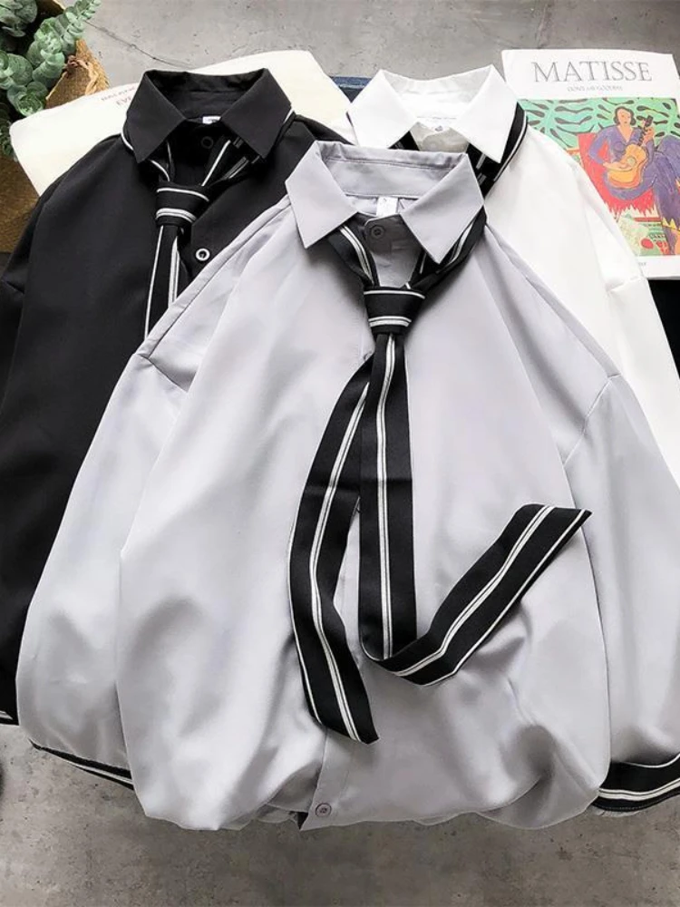 Мужская рубашка с длинными рукавами в гонконгском стиле, простая однотонная рубашка, студенческий Свободный Элегантный топ, молодежная блузка в полоску . ' - ' . 3
