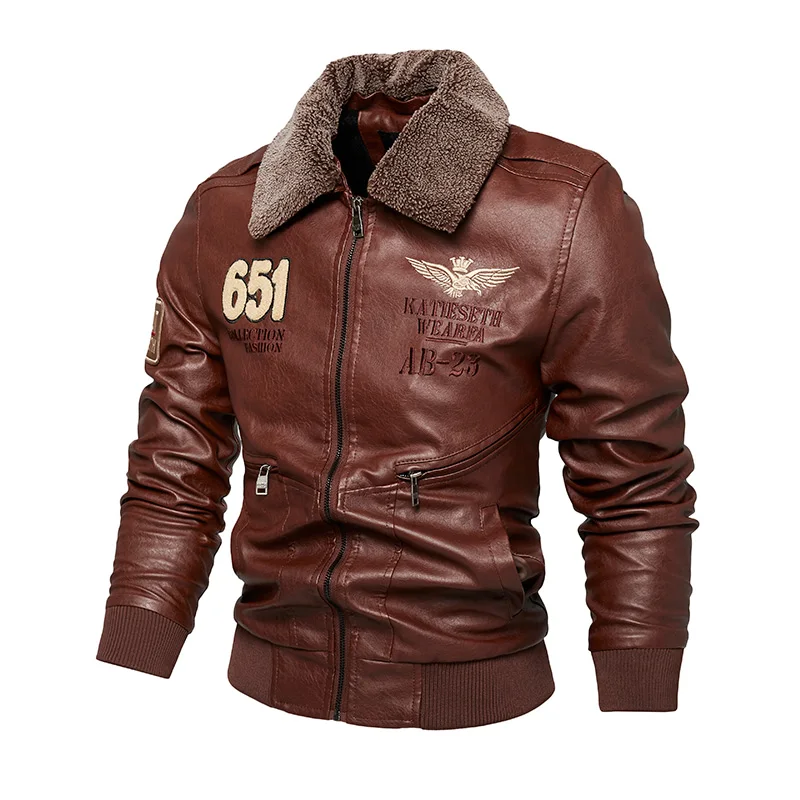 Мужская флисовая утепленная куртка из искусственной кожи, кожаная верхняя одежда в стиле милитари, съемный меховой воротник, ветрозащитное кожаное пальто . ' - ' . 0
