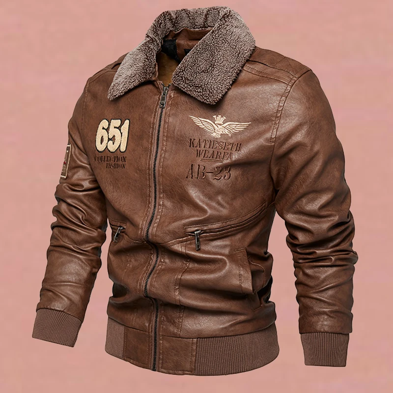 Мужская флисовая утепленная куртка из искусственной кожи, кожаная верхняя одежда в стиле милитари, съемный меховой воротник, ветрозащитное кожаное пальто . ' - ' . 1