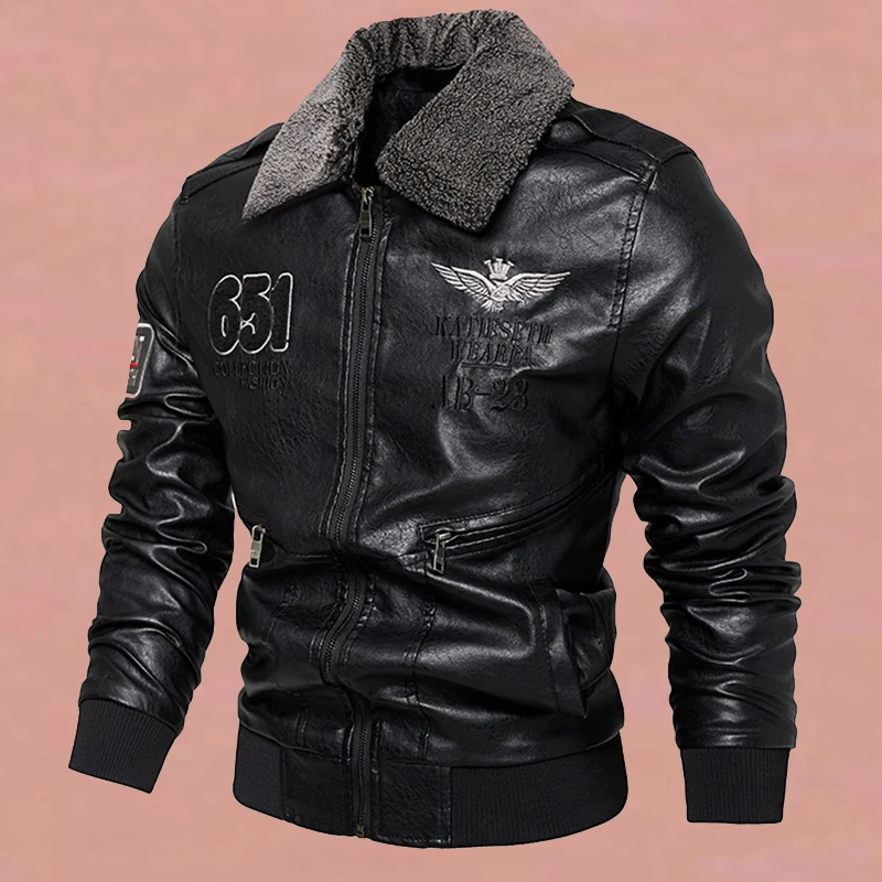 Мужская флисовая утепленная куртка из искусственной кожи, кожаная верхняя одежда в стиле милитари, съемный меховой воротник, ветрозащитное кожаное пальто . ' - ' . 3