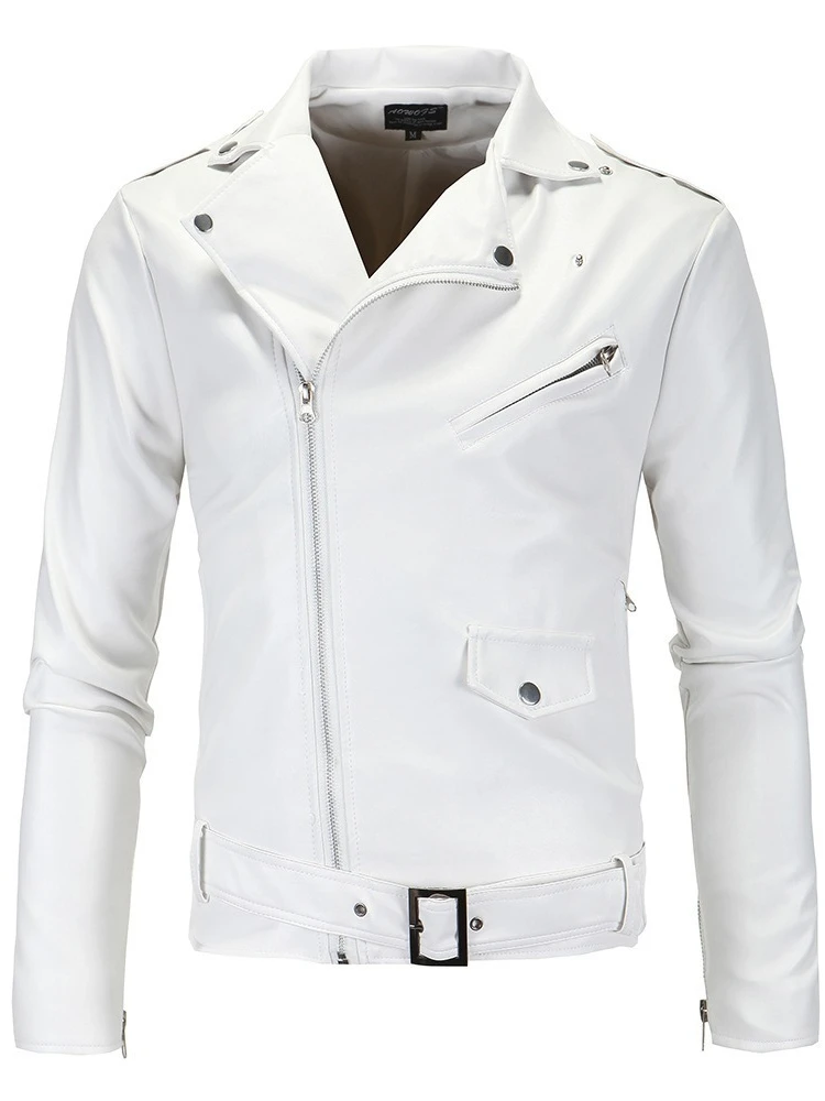 Мужские Кожаные куртки 2023 Новый Черно-белый Повседневный лацкан Slim Fit на Диагональной молнии Мотоциклетная куртка из искусственной кожи Пальто Мужская одежда . ' - ' . 2