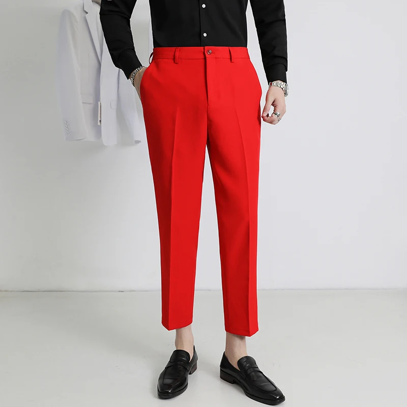 Мужские однотонные эластичные брюки Slim Fit размера плюс 6XL, весенне-осенние высококачественные повседневные модные Элегантные мужские рабочие брюки . ' - ' . 0