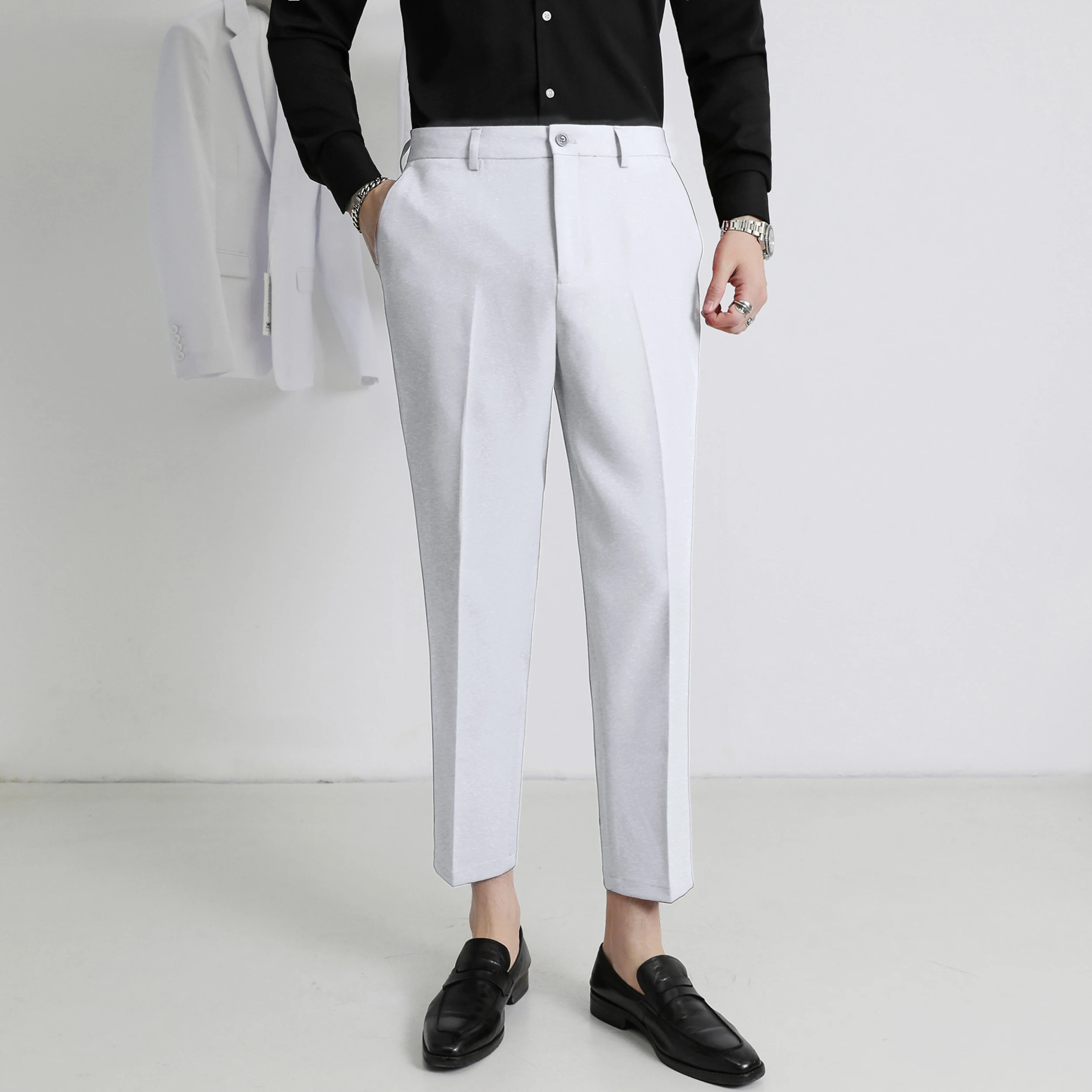 Мужские однотонные эластичные брюки Slim Fit размера плюс 6XL, весенне-осенние высококачественные повседневные модные Элегантные мужские рабочие брюки . ' - ' . 2