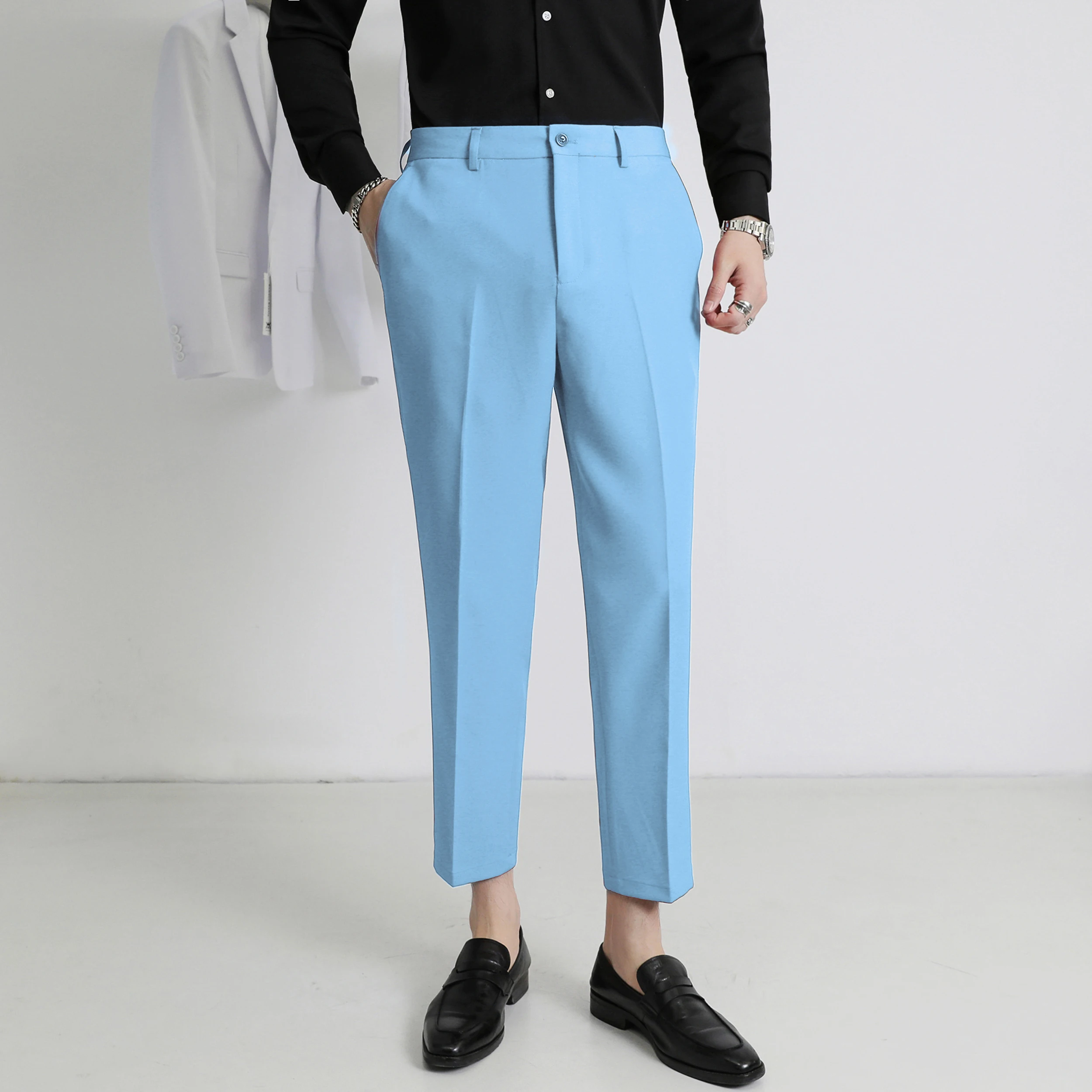 Мужские однотонные эластичные брюки Slim Fit размера плюс 6XL, весенне-осенние высококачественные повседневные модные Элегантные мужские рабочие брюки . ' - ' . 4