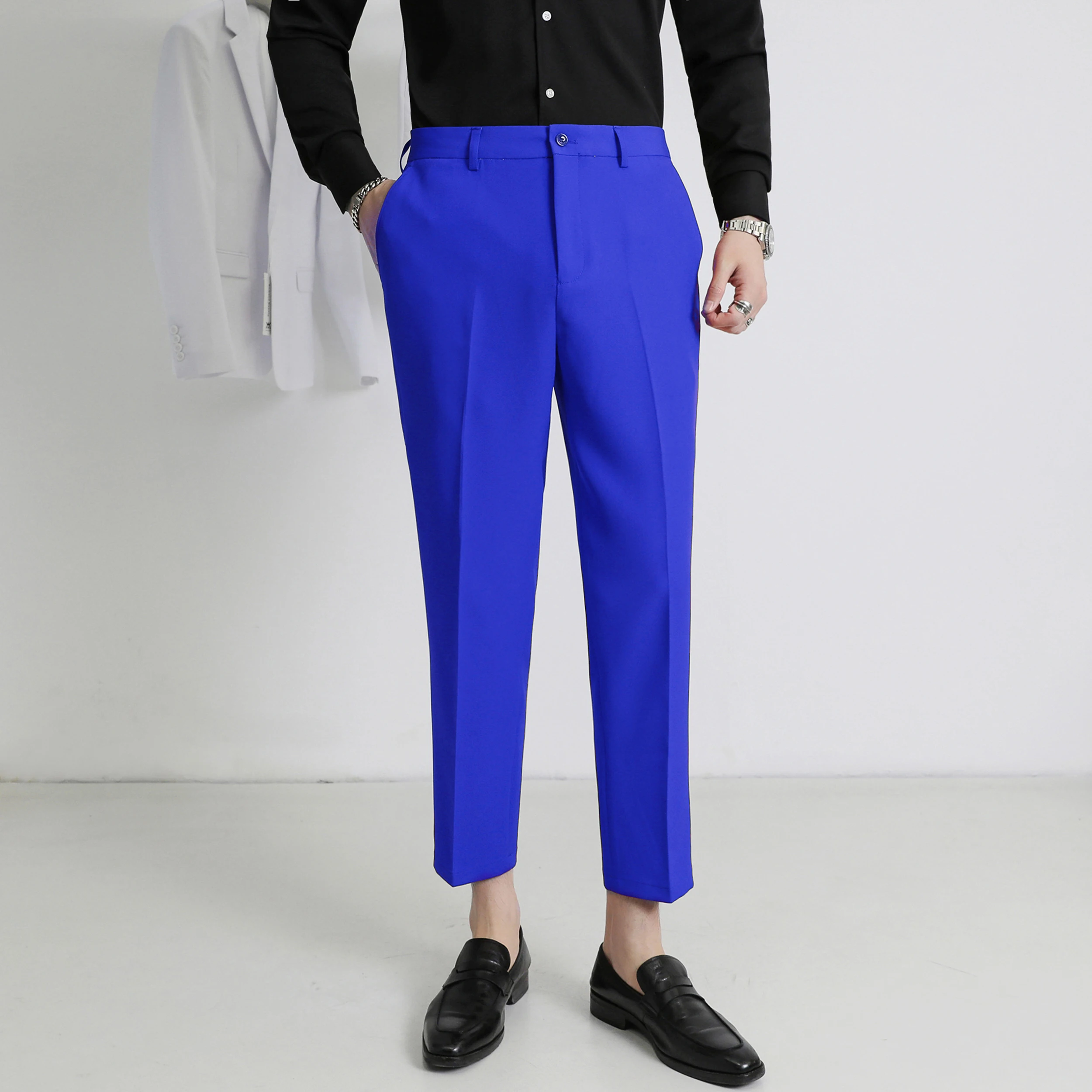 Мужские однотонные эластичные брюки Slim Fit размера плюс 6XL, весенне-осенние высококачественные повседневные модные Элегантные мужские рабочие брюки . ' - ' . 5
