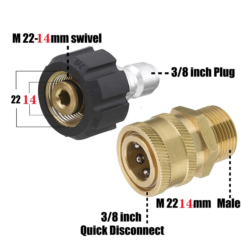 Набор адаптеров для мойки высокого давления Quick Connect Kit Метрический M22 с внутренним шарниром от 14 мм до 3/8 дюймов к M22 с мужским фитингом 5000 фунтов на квадратный дюйм . ' - ' . 0