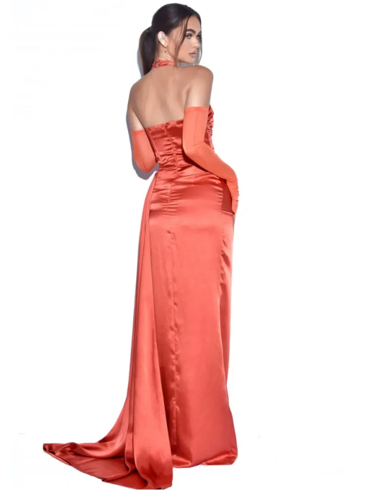 Новое женское сексуальное красное атласное длинное платье Макси на бретелях 2023 года, праздничное платье из атласа с разрезом на Хай-стрит Vestido . ' - ' . 2