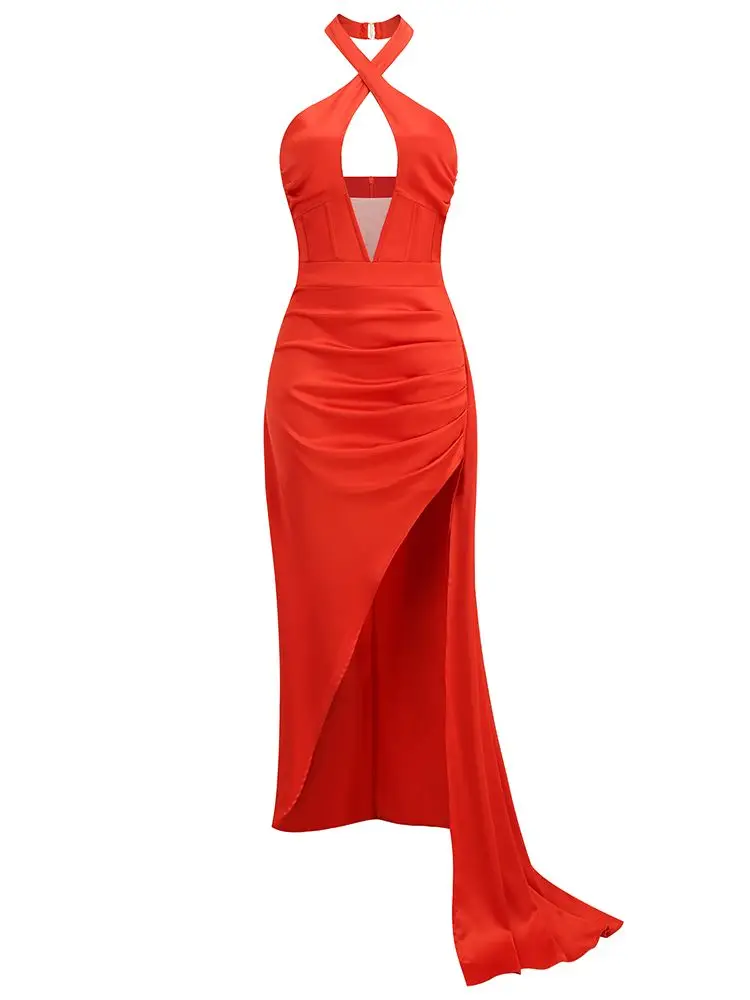 Новое женское сексуальное красное атласное длинное платье Макси на бретелях 2023 года, праздничное платье из атласа с разрезом на Хай-стрит Vestido . ' - ' . 3