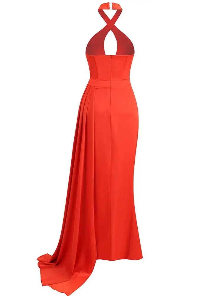 Новое женское сексуальное красное атласное длинное платье Макси на бретелях 2023 года, праздничное платье из атласа с разрезом на Хай-стрит Vestido . ' - ' . 4