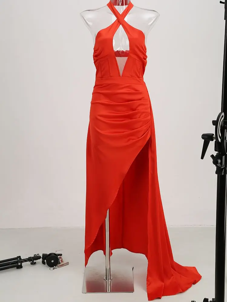 Новое женское сексуальное красное атласное длинное платье Макси на бретелях 2023 года, праздничное платье из атласа с разрезом на Хай-стрит Vestido . ' - ' . 5
