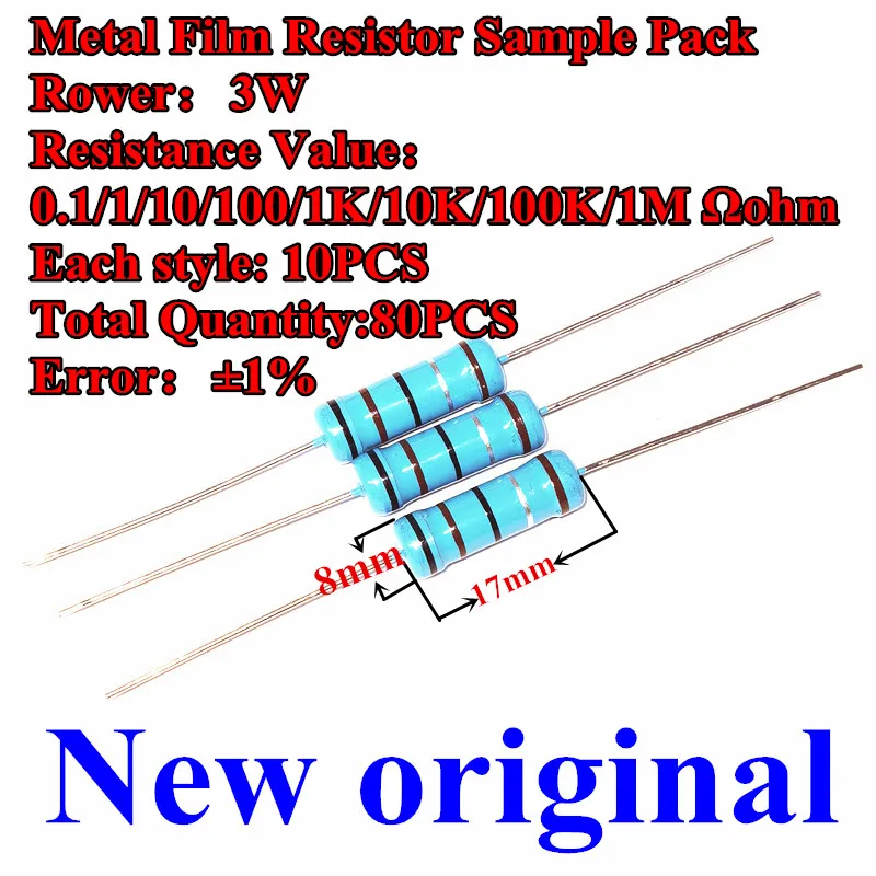 Новый оригинальный набор образцов металлического Пленочного резистора 1% 3 Вт /0,1 1/10/100/10 к/100 к/1 к/ 1 м ОМ цветные кольца . ' - ' . 0