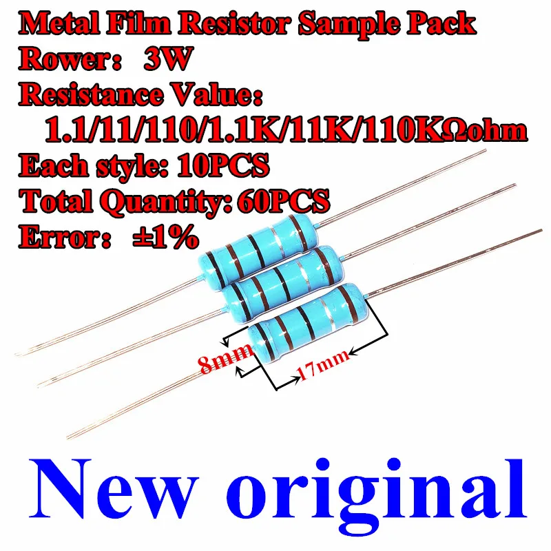 Новый оригинальный набор образцов металлического Пленочного резистора 1% 3 Вт /0,1 1/10/100/10 к/100 к/1 к/ 1 м ОМ цветные кольца . ' - ' . 3