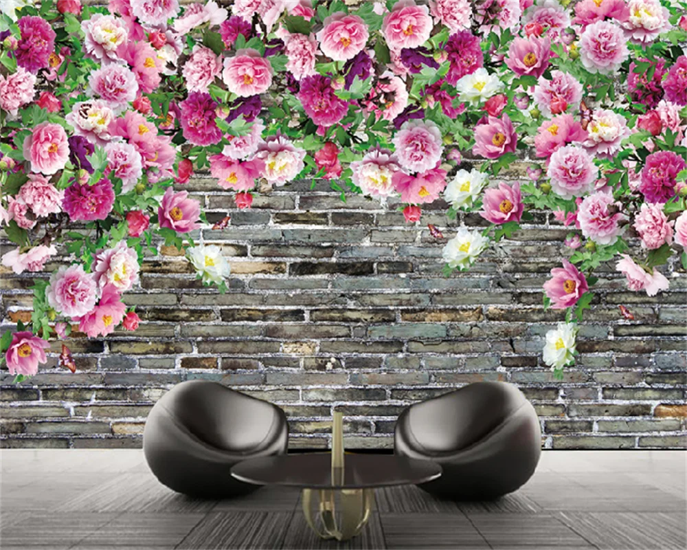 Обои на заказ теплые романтические модные цветок пиона кирпичная стена гостиная спальня ТВ фон настенная декоративная роспись фреска . ' - ' . 0