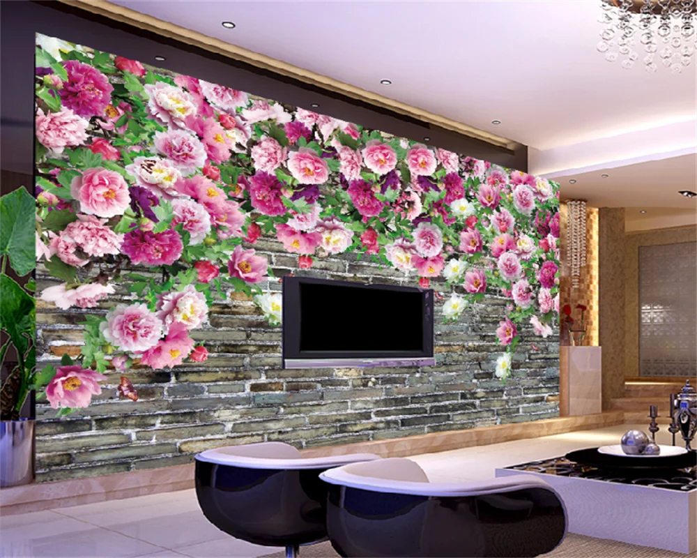 Обои на заказ теплые романтические модные цветок пиона кирпичная стена гостиная спальня ТВ фон настенная декоративная роспись фреска . ' - ' . 1