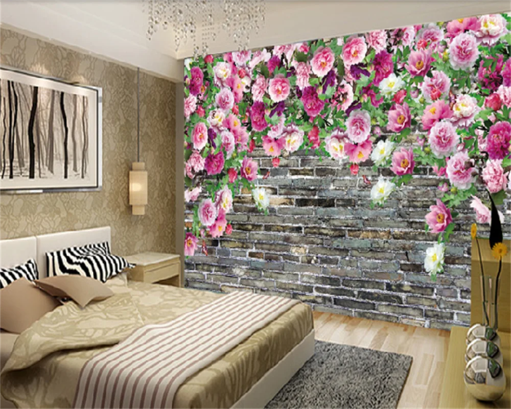 Обои на заказ теплые романтические модные цветок пиона кирпичная стена гостиная спальня ТВ фон настенная декоративная роспись фреска . ' - ' . 2