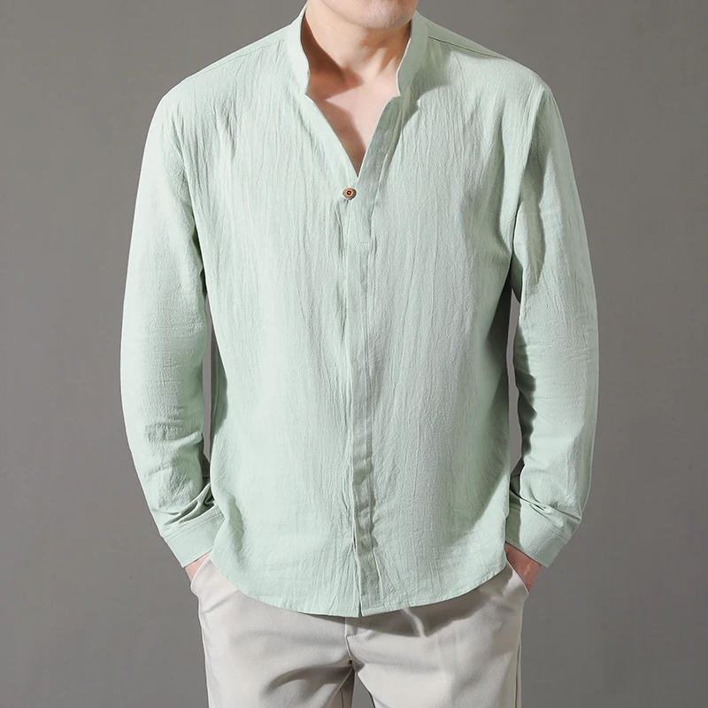 Однотонная хлопчатобумажная льняная рубашка со стоячим воротником Мужская деловая повседневная одежда Лето Осень Новые Мужские удобные дышащие топы . ' - ' . 3