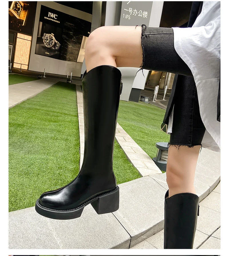 Осенне-зимние ботинки 2021 года, новые сапоги для верховой езды из искусственной кожи на толстой подошве, женские высокие и тонкие рыцарские ботинки 