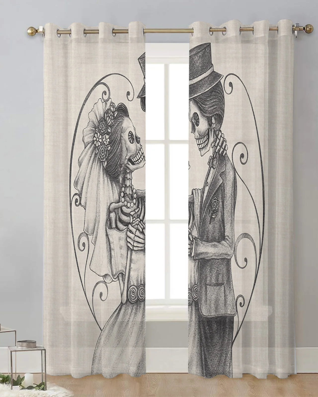 Пара тюлевых штор с черепами на Хэллоуин для гостиной спальни Прозрачные шторы на окне Кухни Балкона Современные вуалевые шторы . ' - ' . 0