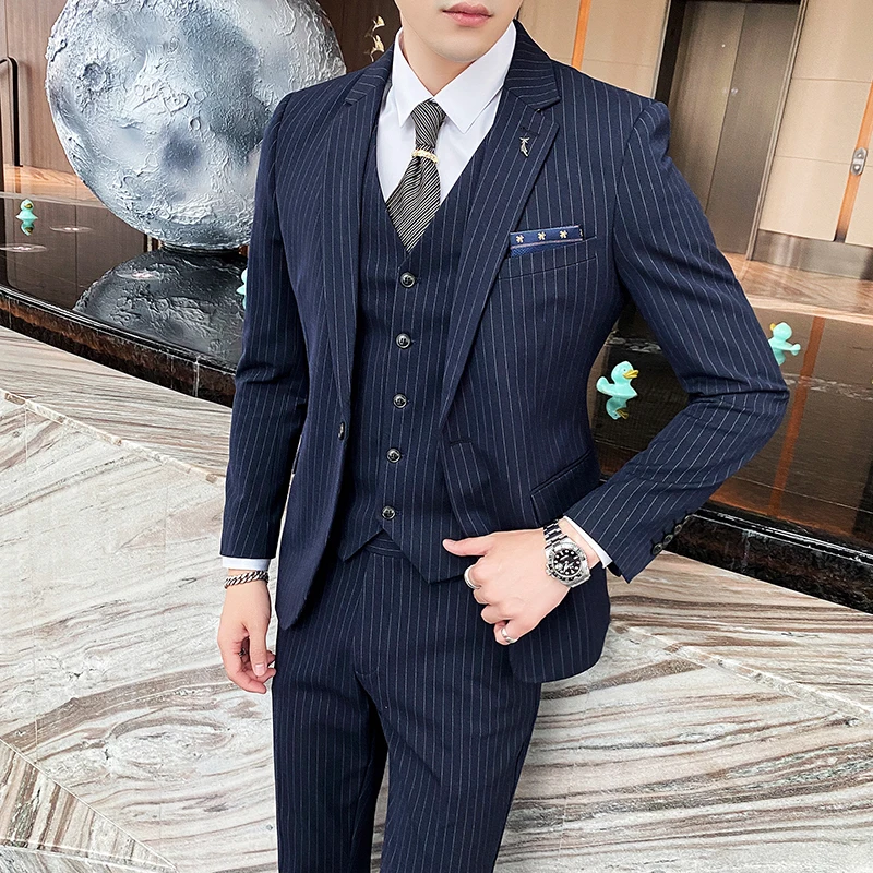 [Пиджак + жилет + брюки] Модный мужской приталенный костюм 2022 года / Мужские полные костюмы из высококачественного чистого хлопка в полоску . ' - ' . 0