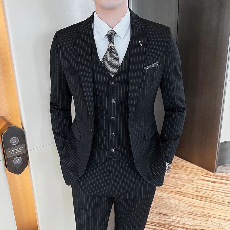 [Пиджак + жилет + брюки] Модный мужской приталенный костюм 2022 года / Мужские полные костюмы из высококачественного чистого хлопка в полоску . ' - ' . 3