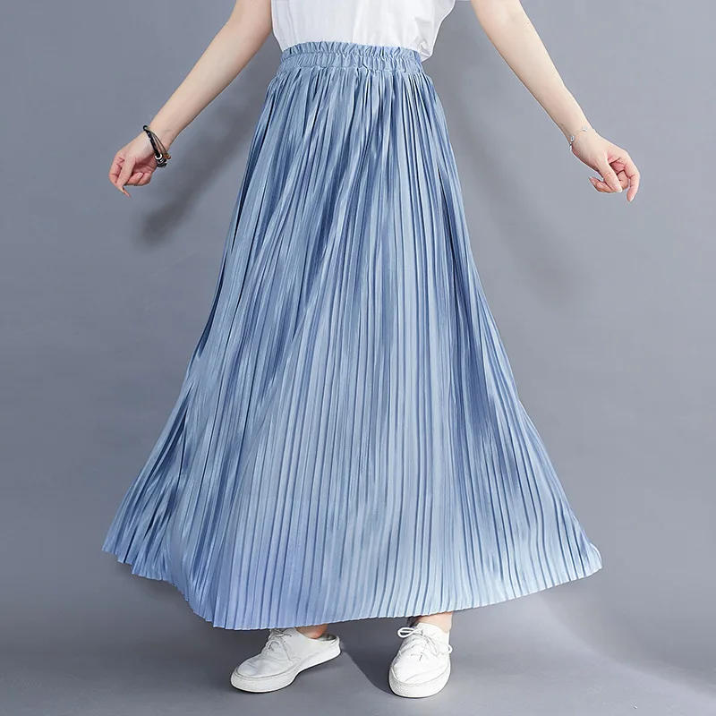 Плиссированная юбка Макси Шик Элегантная одежда для летних женщин 2023 г. Юбки трапециевидной формы с эластичной талией в корейском модном стиле Повседневные Длинные юбки Jupe . ' - ' . 0